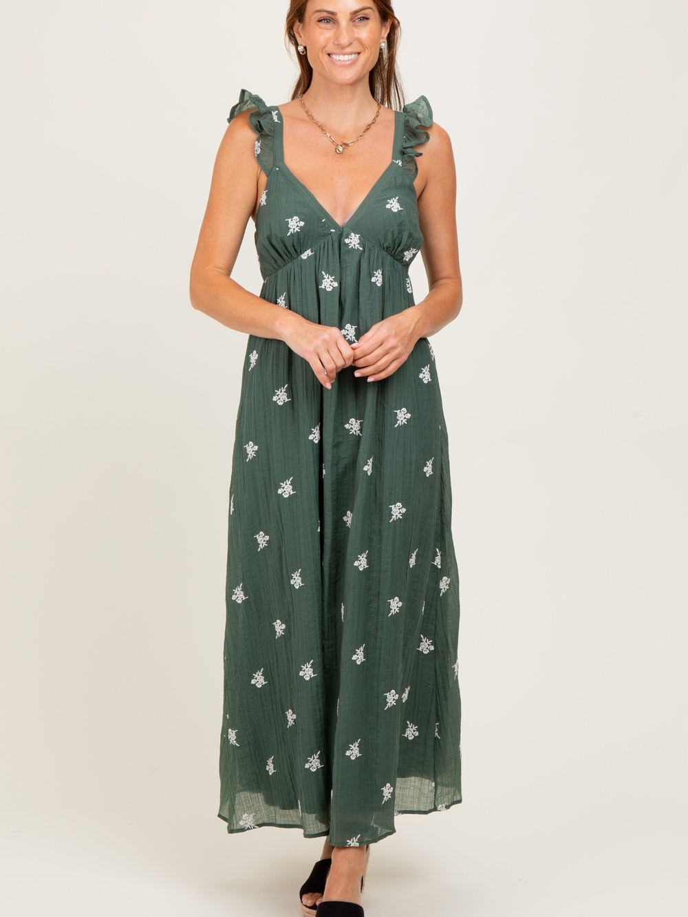 Wishlist Forest Green Floral Ruffle Strap Maxi Dress Sz Medium - Picture 1 of 5